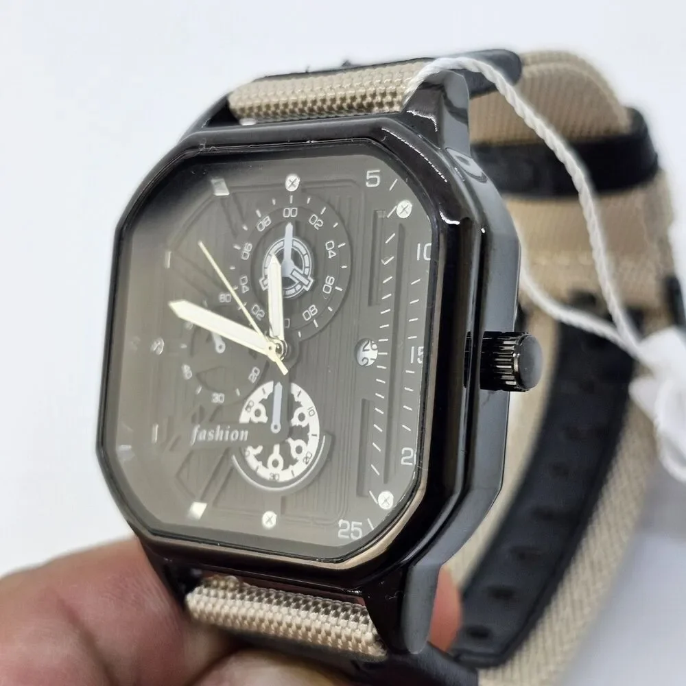 Men's Watch 42MM Black Case Black Dial Date‎ Black Tan Canvas Band Straps